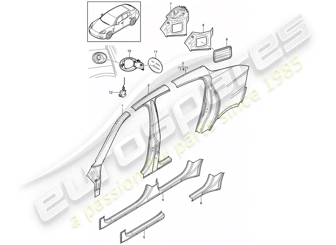 porsche 2013 (panamera 970) panel lateral diagrama de piezas