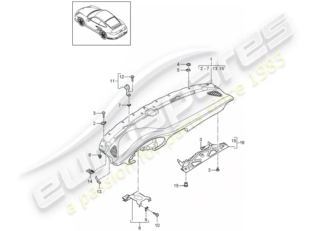 porsche 2013 (997-2 turbo / gt2 rs) moldura del panel de instrumentos diagrama de piezas