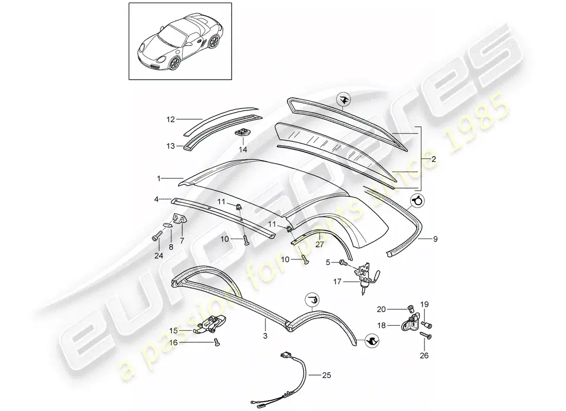 porsche 2006 (987 boxster) techo rígido diagrama de piezas