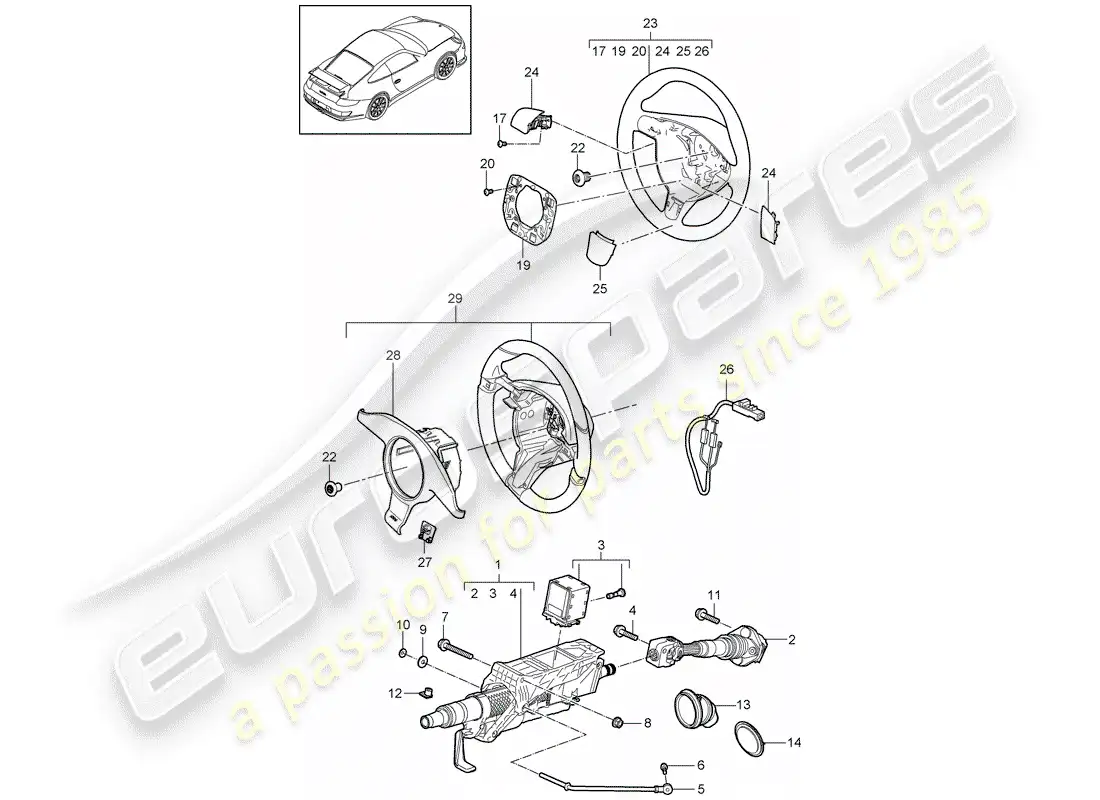 porsche 2008 (997-1 gt3) tubo protector de dirección diagrama de piezas