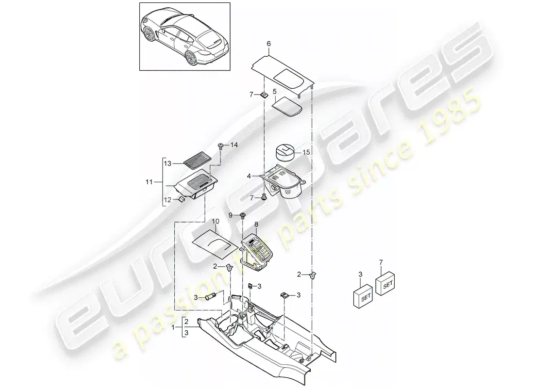 porsche 2015 (panamera 970) center console diagrama de piezas