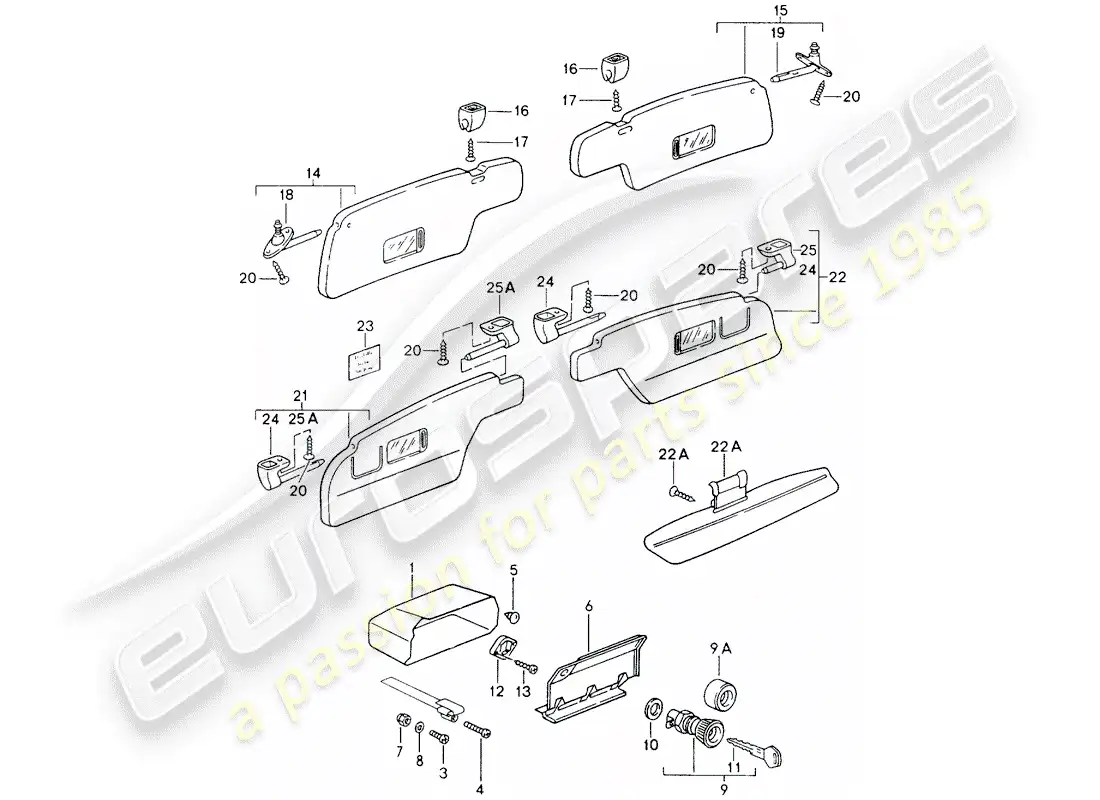 porsche 1992 (964) guantera - para coches sin - airbag - visores solares diagrama de piezas