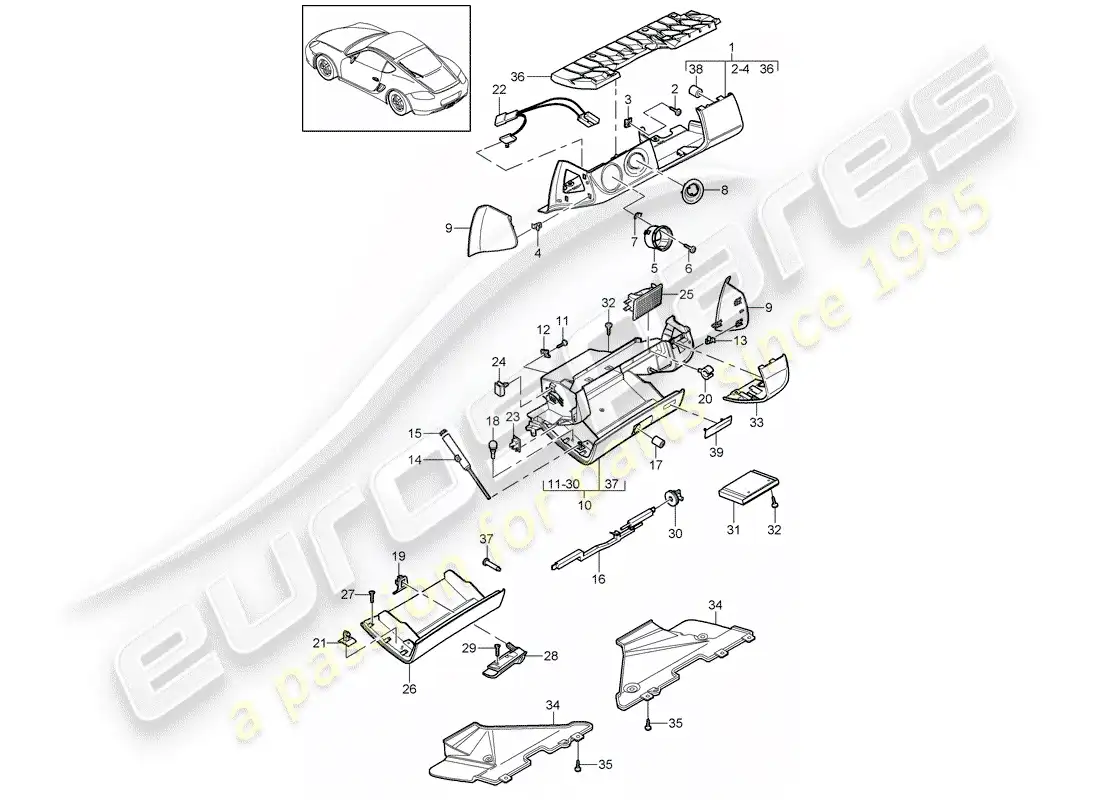 porsche 2009 (987 cayman) guantera diagrama de piezas