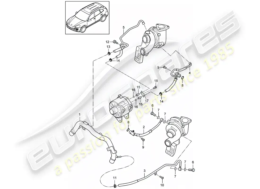 porsche 2016 (cayenne e2 92a) turbocompresor de gases de escape diagrama de piezas