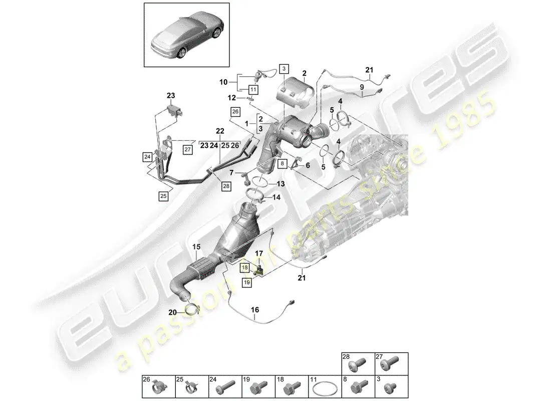 porsche 2020 (panamera 971-1) sistema de escape diagrama de piezas