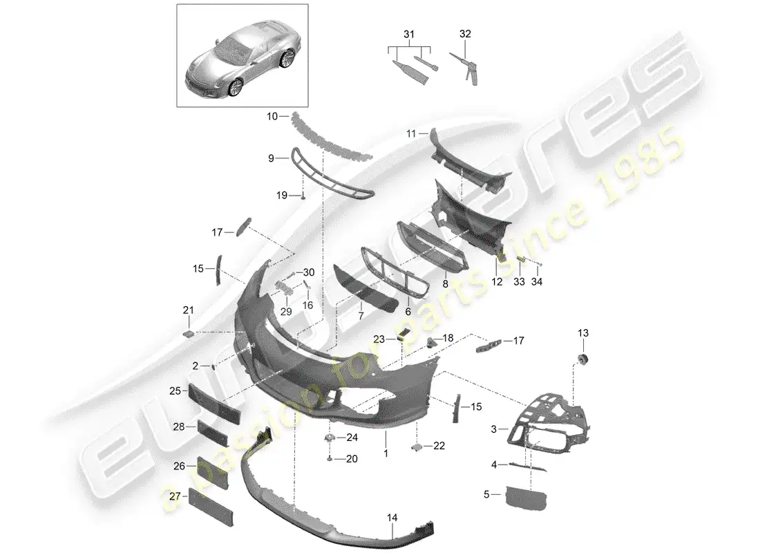 porsche 2016 (991-1 r/gt3/rs) parachoque diagrama de piezas