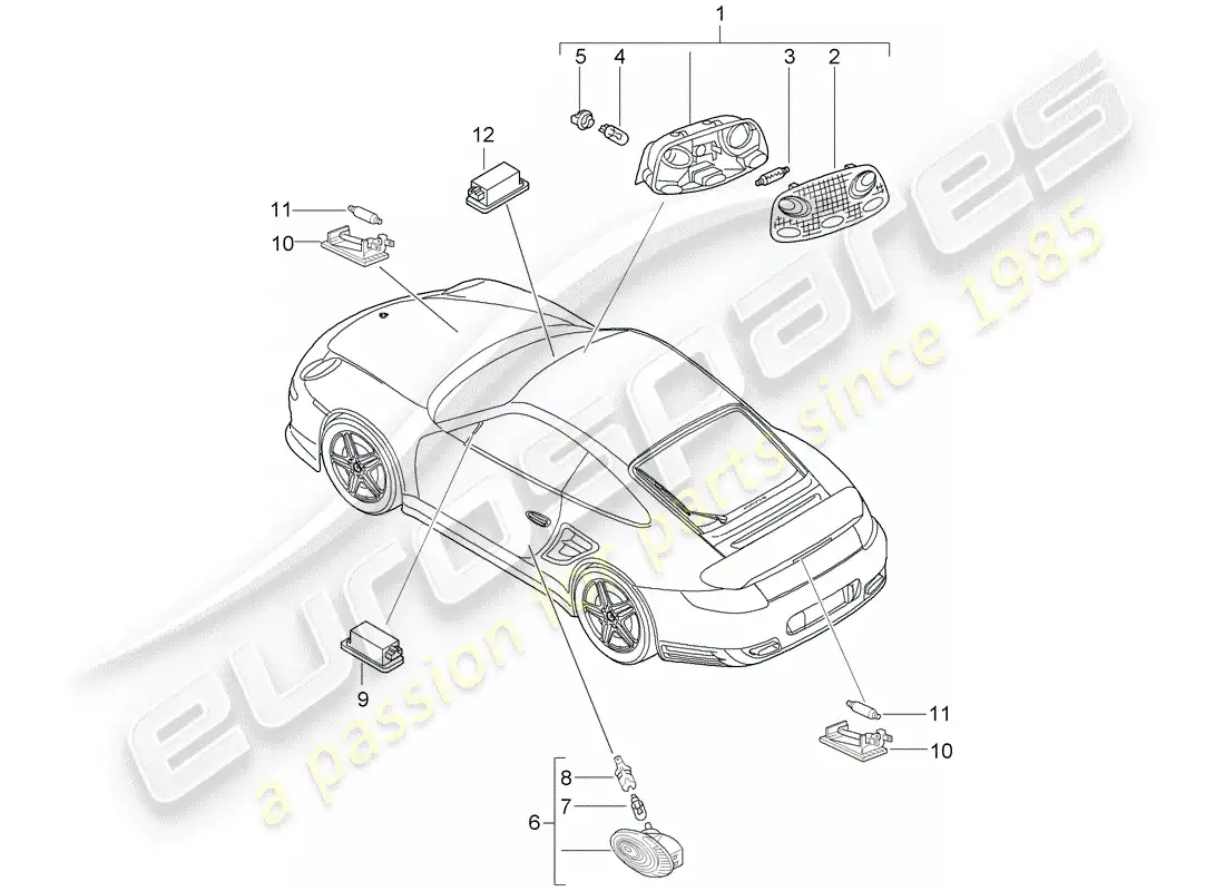 porsche 2009 997-2 turbo / gt2 luces interiores diagrama de piezas