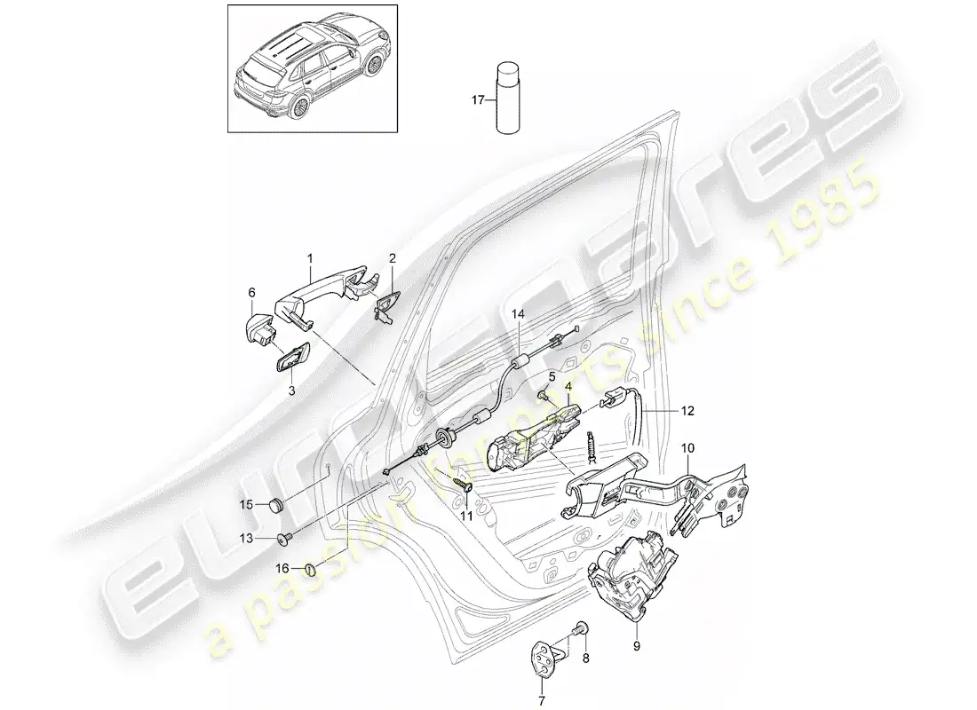 porsche 2013 (cayenne e2 92a) diagrama de piezas de la manija de la puerta