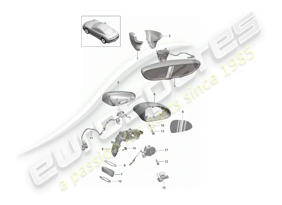 porsche 2016 (981 cayman) espejo retrovisor interior diagrama de piezas
