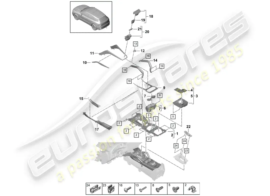 porsche 2020 (cayenne e3 9ya/9yb) center console diagrama de piezas