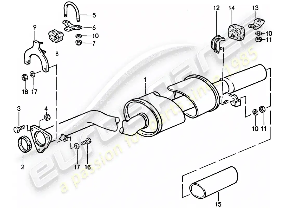 porsche 1987 (924s) sistema de escape - silenciador de escape, trasero diagrama de piezas