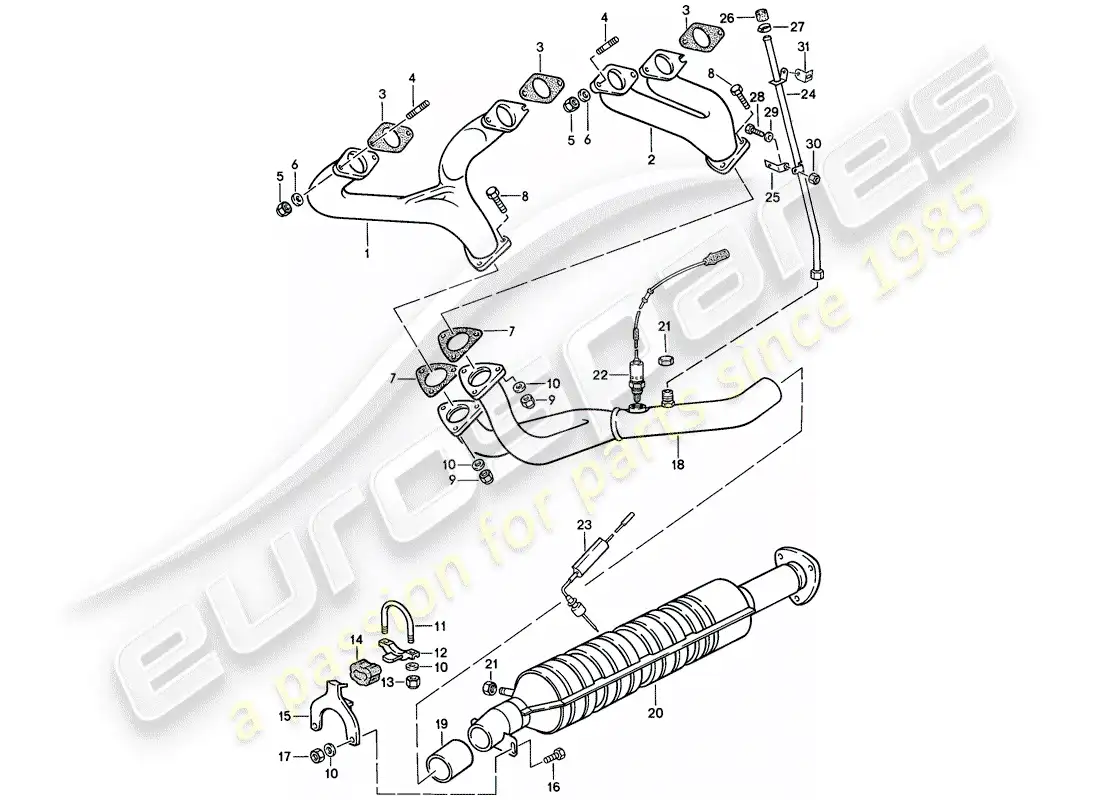 porsche 1986 (924s) sistema de escape - catalizador diagrama de piezas