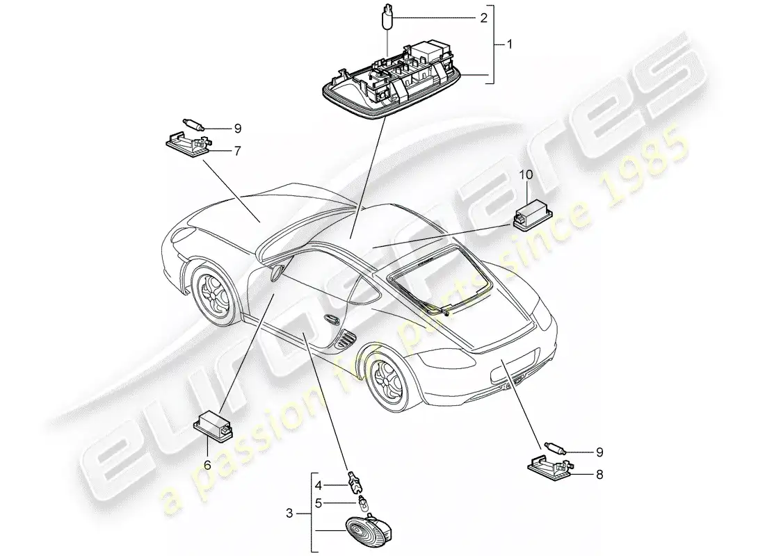 porsche 2011 (987 cayman) luces interiores diagrama de piezas