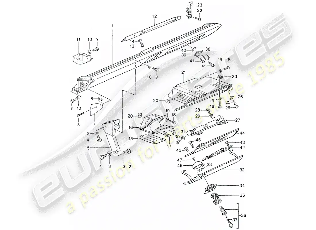 porsche 1992 (964) embellecedor de rodilleras - airbag - para vehículos con - tapa de guantera - cierre diagrama de piezas