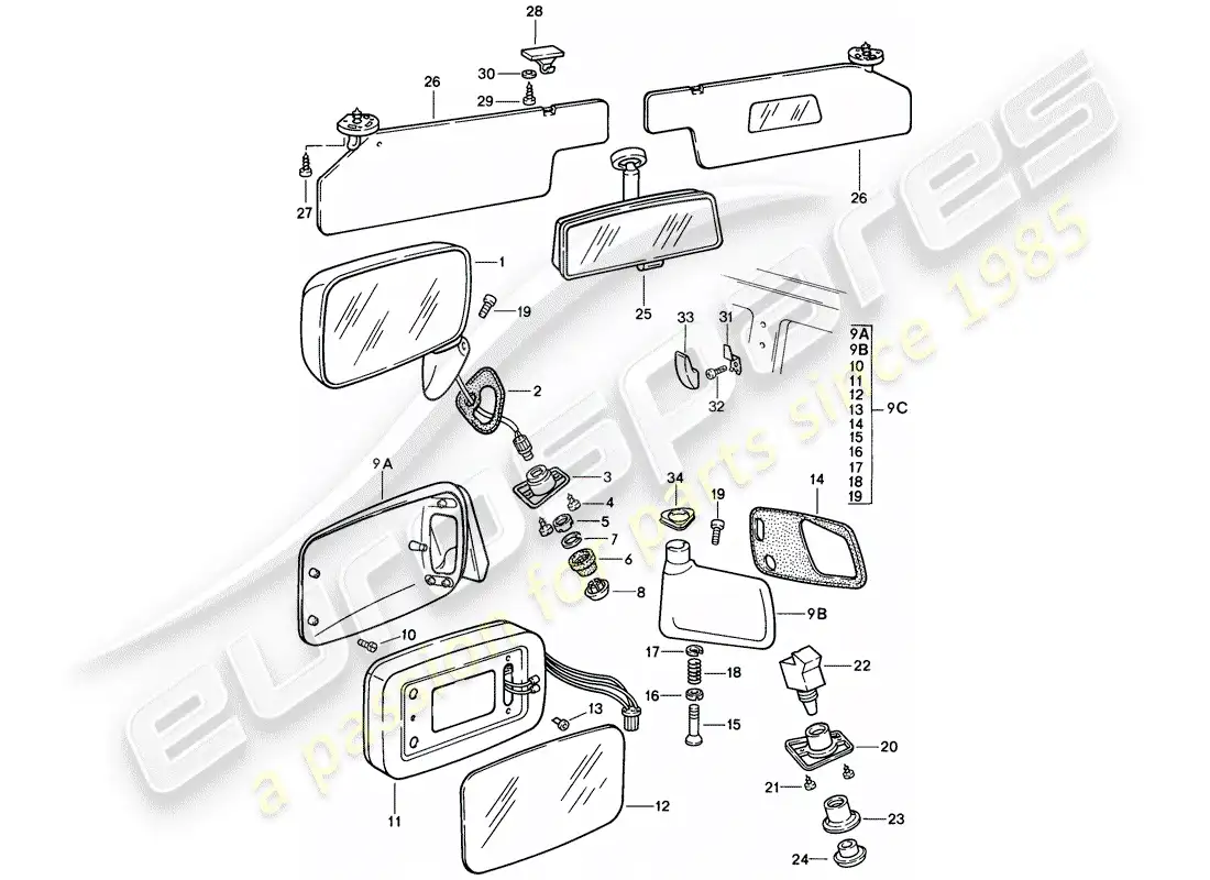 porsche 1988 (924s) espejo retrovisor - visera solar diagrama de piezas