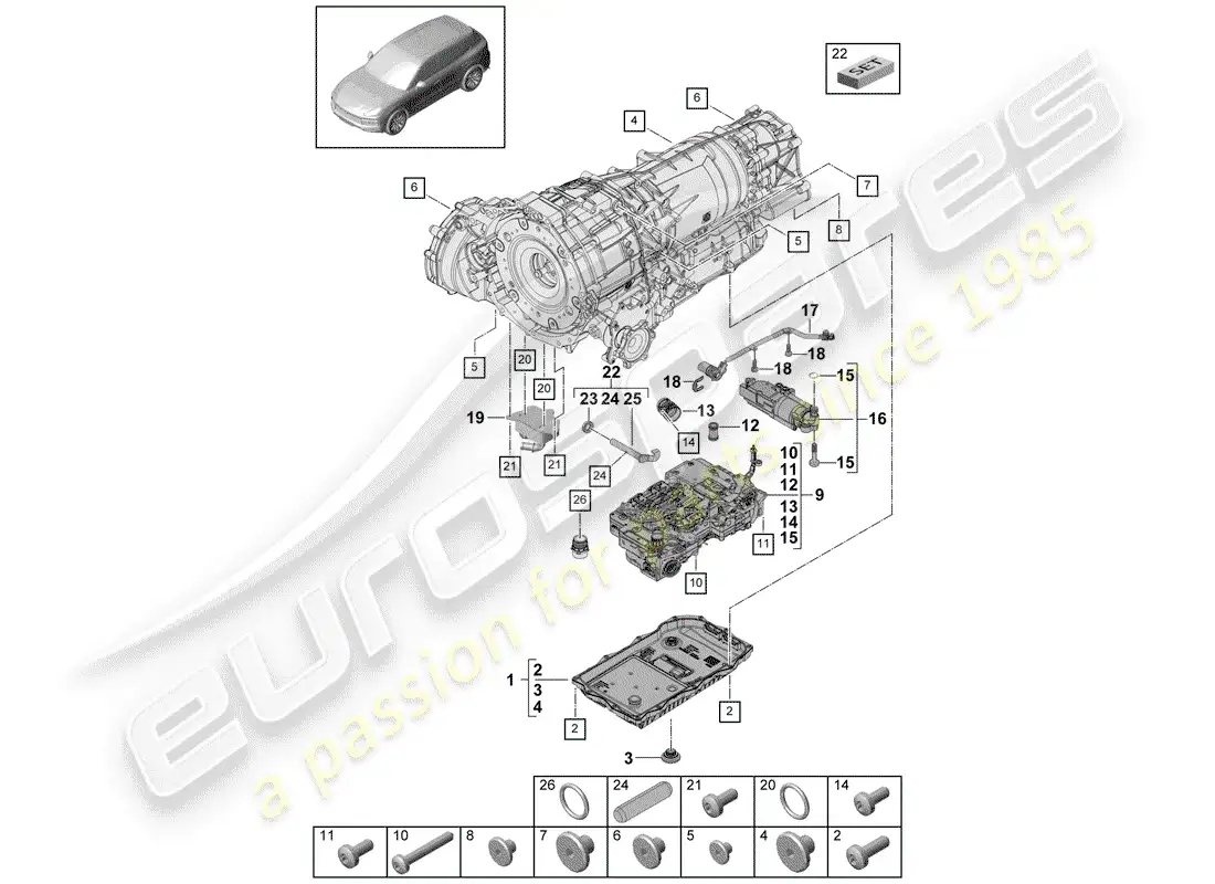 porsche 2018 (cayenne e3 9ya/9yb) 8-speed caja de cambios automática diagrama de piezas