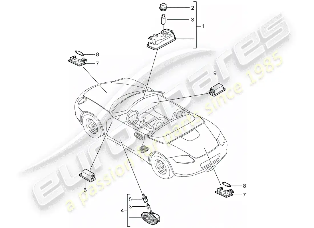 porsche 2009 (987 boxster) luces interiores diagrama de piezas