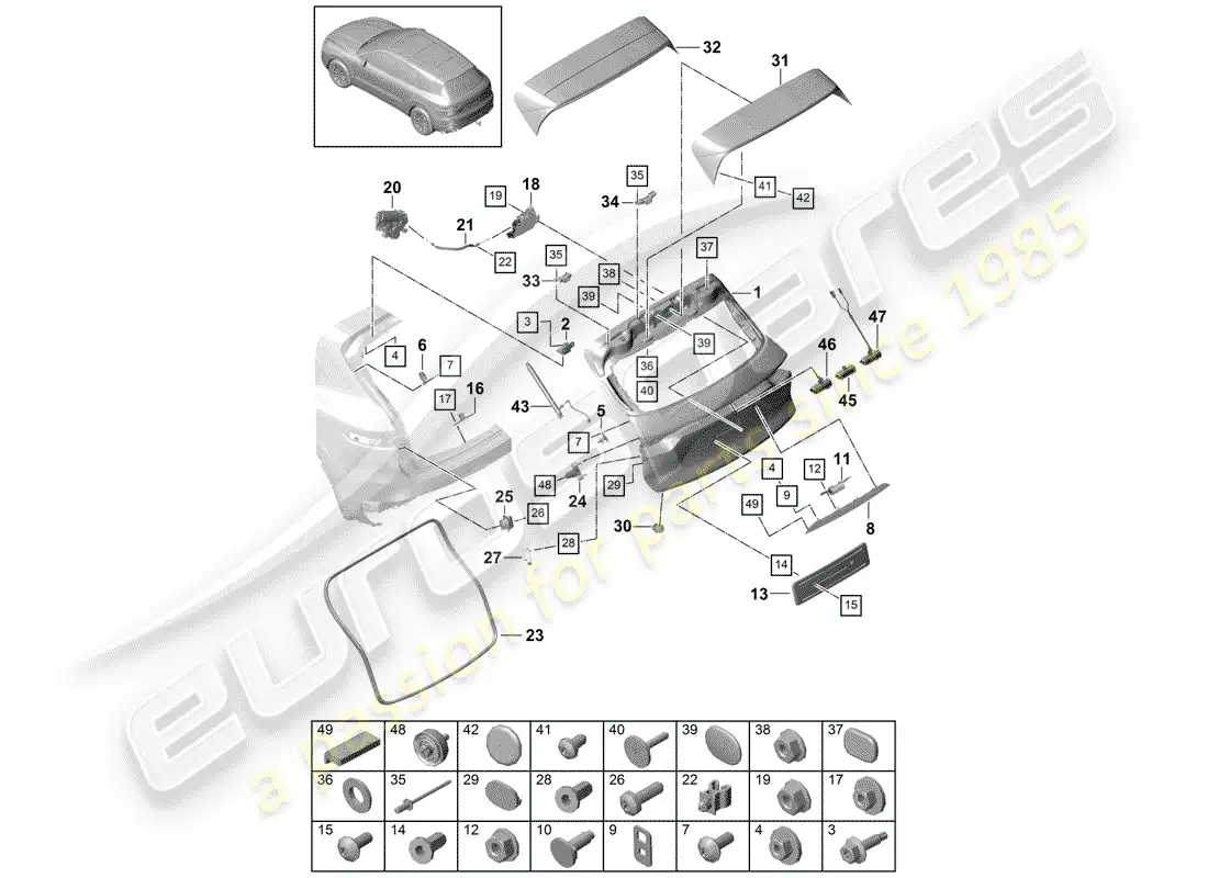 porsche 2018 (cayenne e3 9ya/9yb) tapa del maletero trasero diagrama de piezas