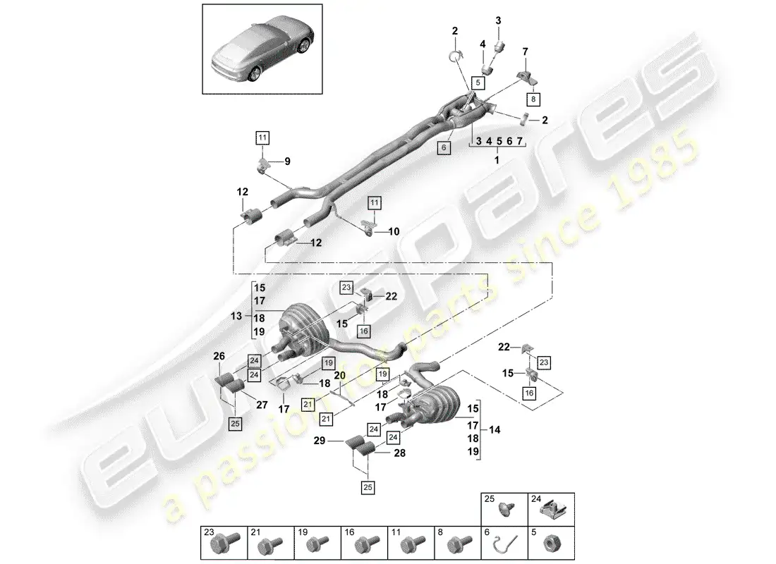 porsche 2019 (panamera 971-1) sistema de escape diagrama de piezas