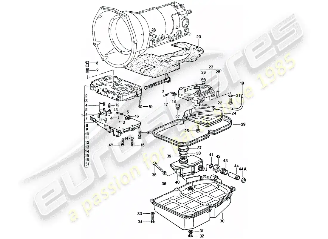 porsche 1985 (928) transmisión automática - cuerpo de válvulas diagrama de piezas