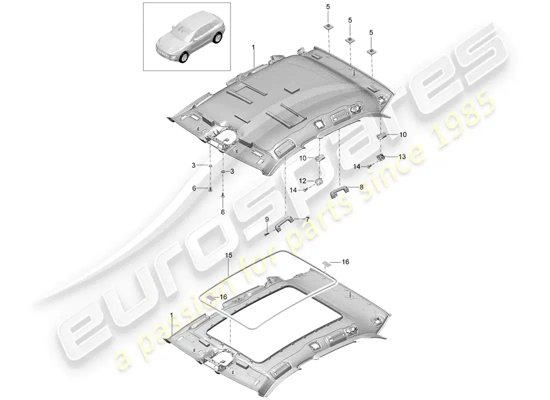 porsche 2018 (macan) diagrama de piezas del panel de acabado del techo