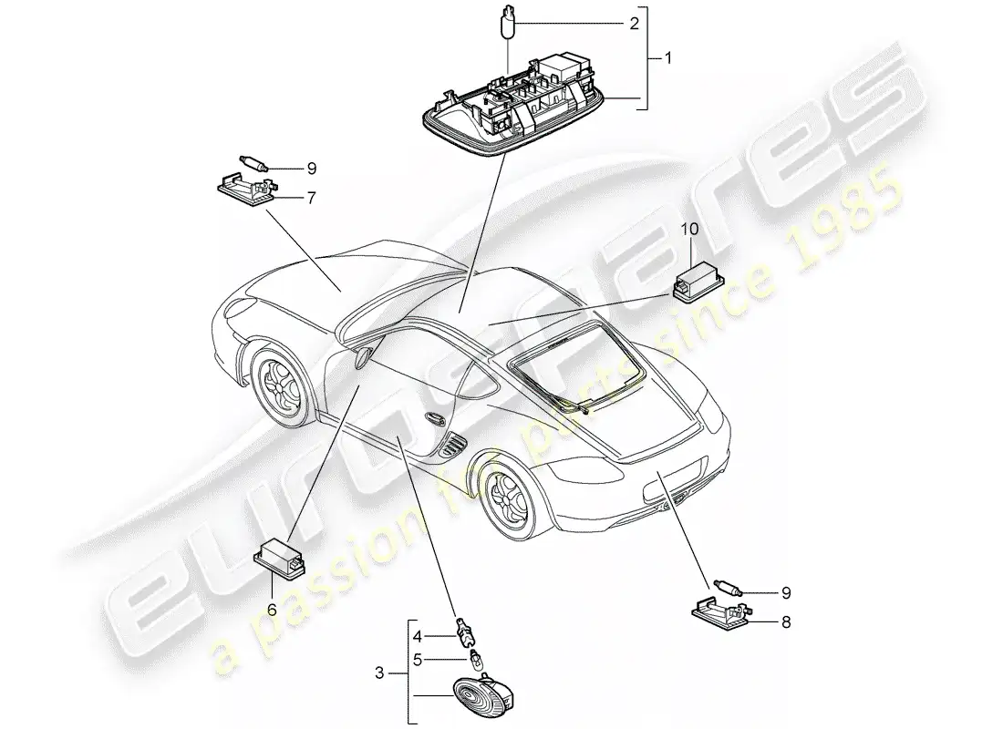 porsche 2008 (987 cayman) luces interiores diagrama de piezas