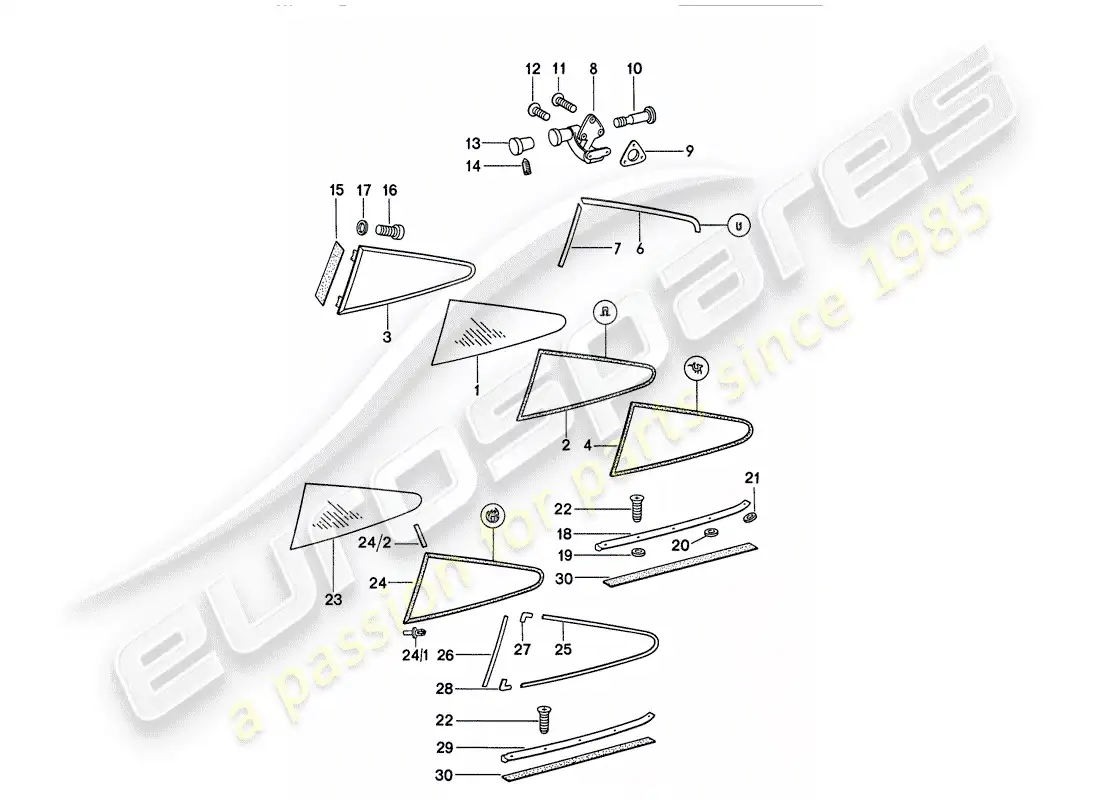 porsche 1975 (911) acristalamiento de ventanas diagrama de piezas