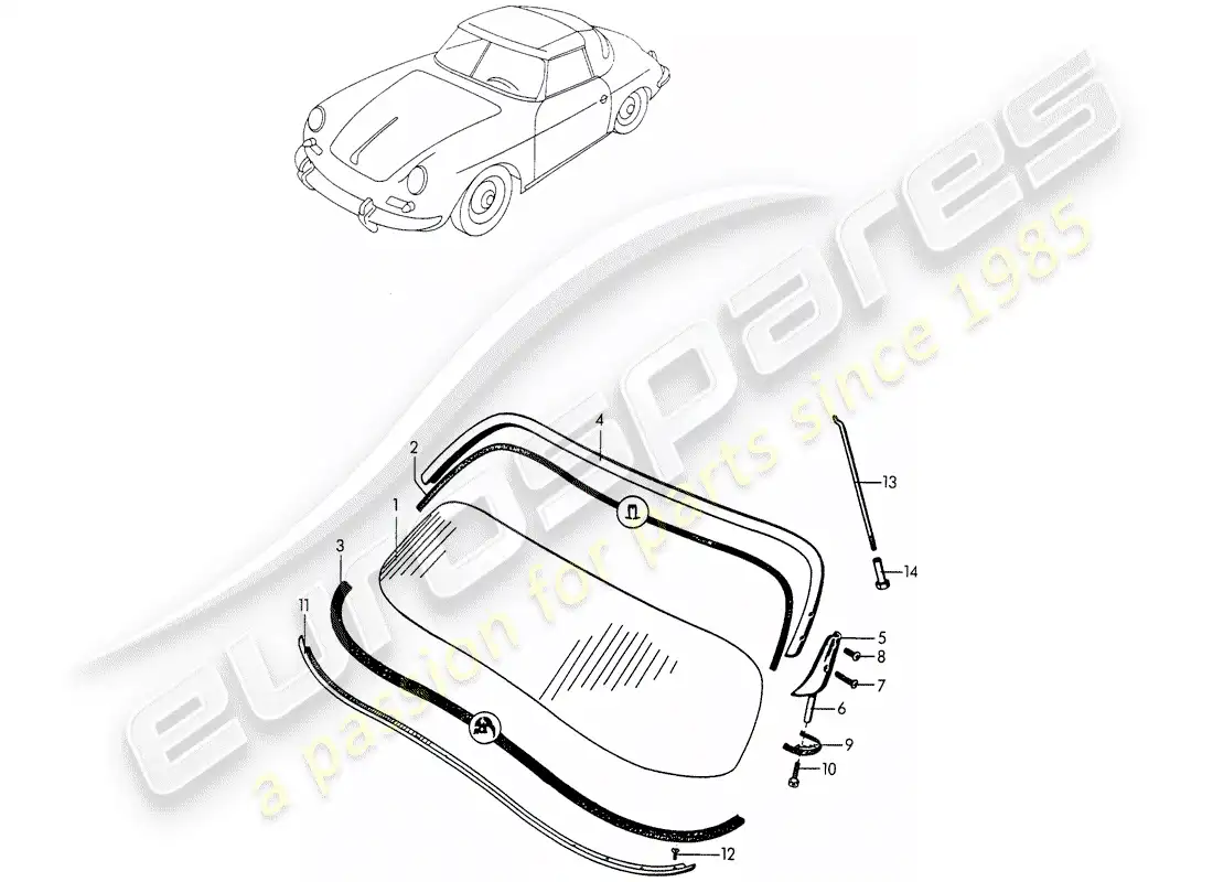 porsche 1953 (356/356a) vidrio del parabrisas diagrama de piezas