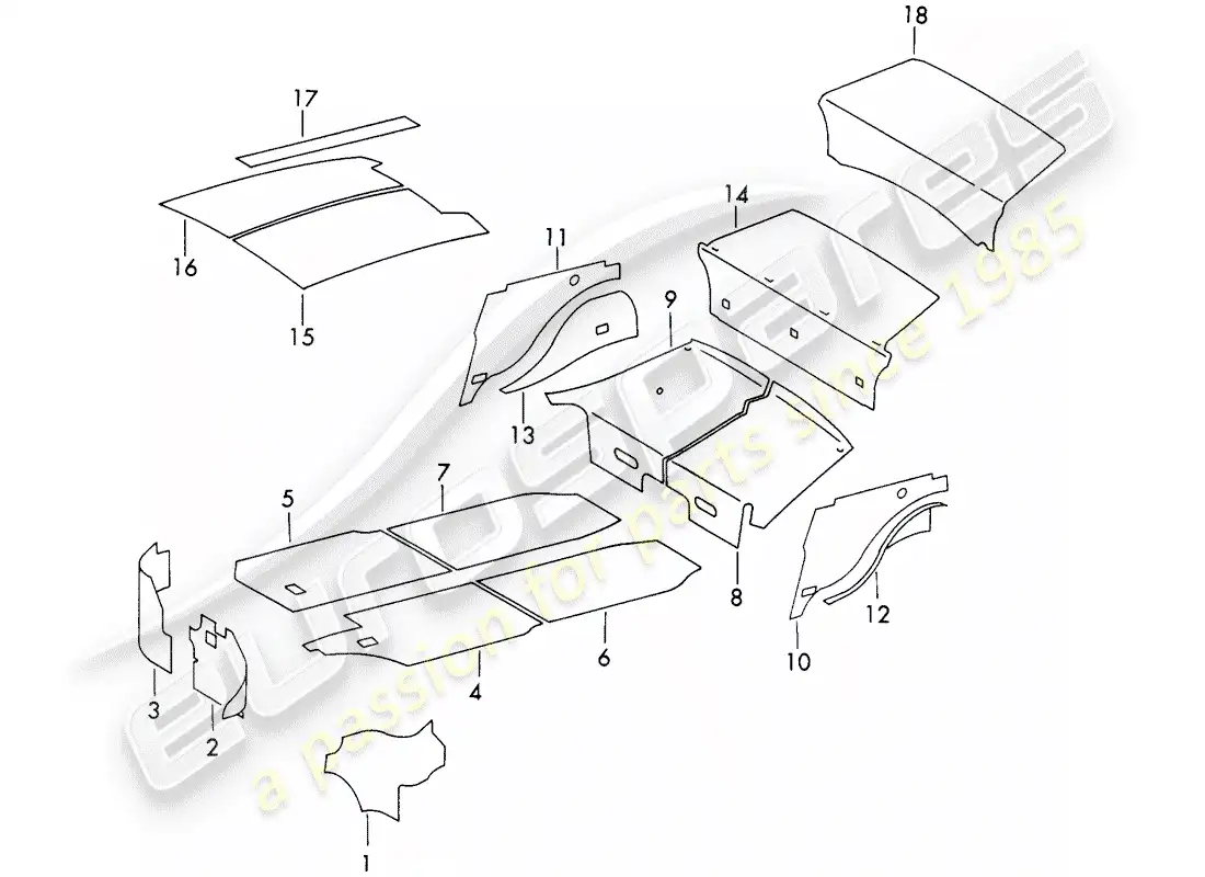 porsche 1973 (911) carcasa del cuerpo - absorbedor de sonido diagrama de piezas