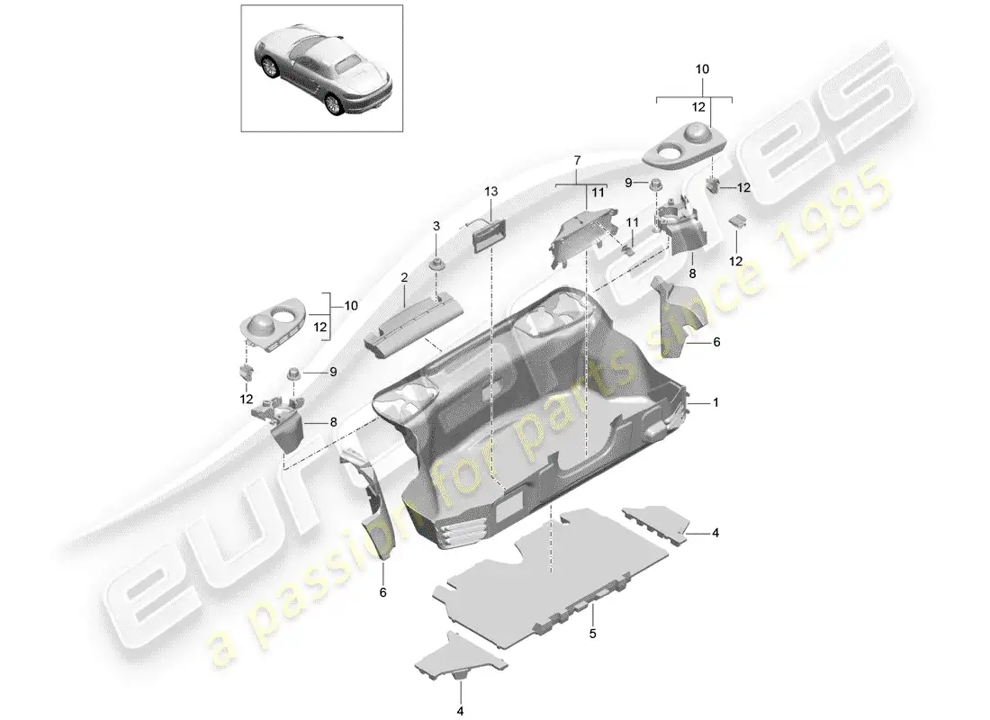 porsche 2018 (718 boxster) forro de bota diagrama de piezas