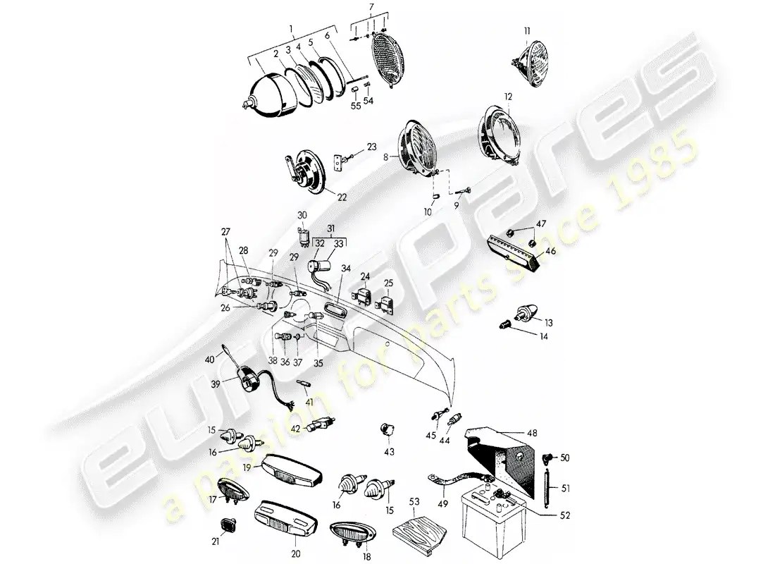 porsche 1958 (356/356a) faro - luces - y - interruptor - batería diagrama de piezas