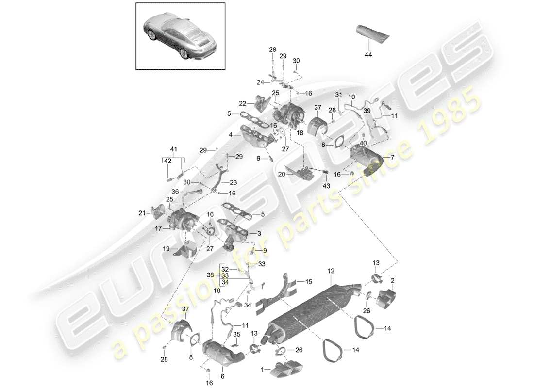 porsche 991 turbo (2018) diagrama de piezas del sistema de escape