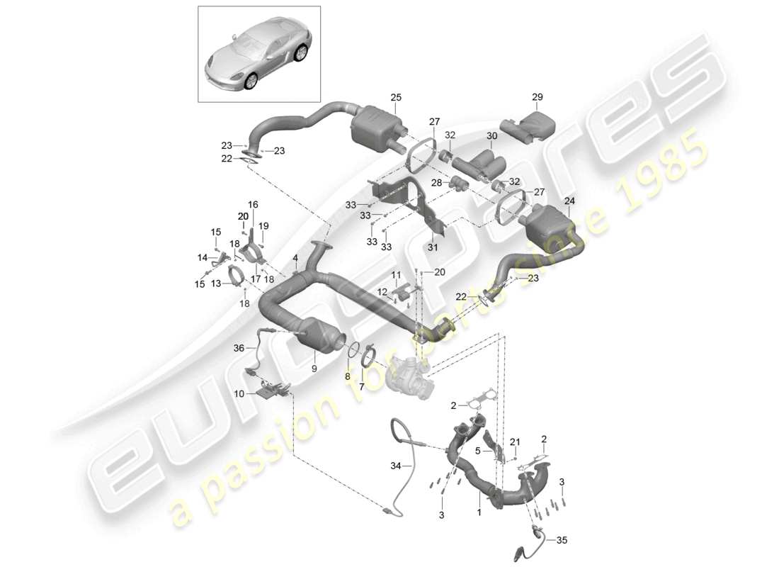 porsche 2021 (718 cayman) diagrama de piezas del sistema de escape silenciador convertidor catalítico