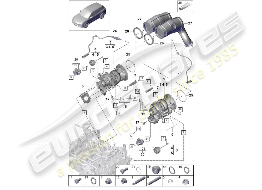 porsche 2024 (cayenne e3 9ya/9yb) turbocompresor de gases de escape colectores de escape sonda lambda diagrama de piezas