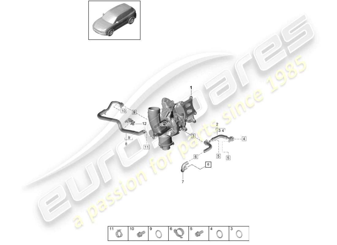 porsche 2022 (cayenne e3 9ya/9yb) diagrama de piezas del sistema de enfriamiento del refrigerante del turbocompresor