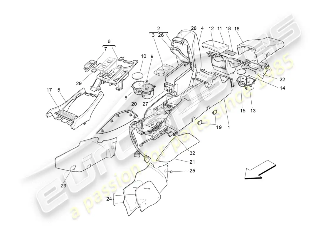 maserati granturismo (2016) consola de accesorios y consola central diagrama de piezas
