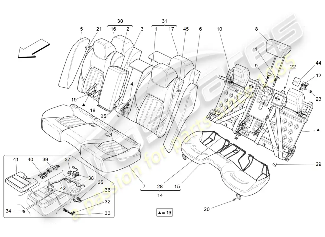 maserati qtp 3.0 tds v6 275hp (2015) asientos traseros: diagrama de piezas de los paneles decorativos