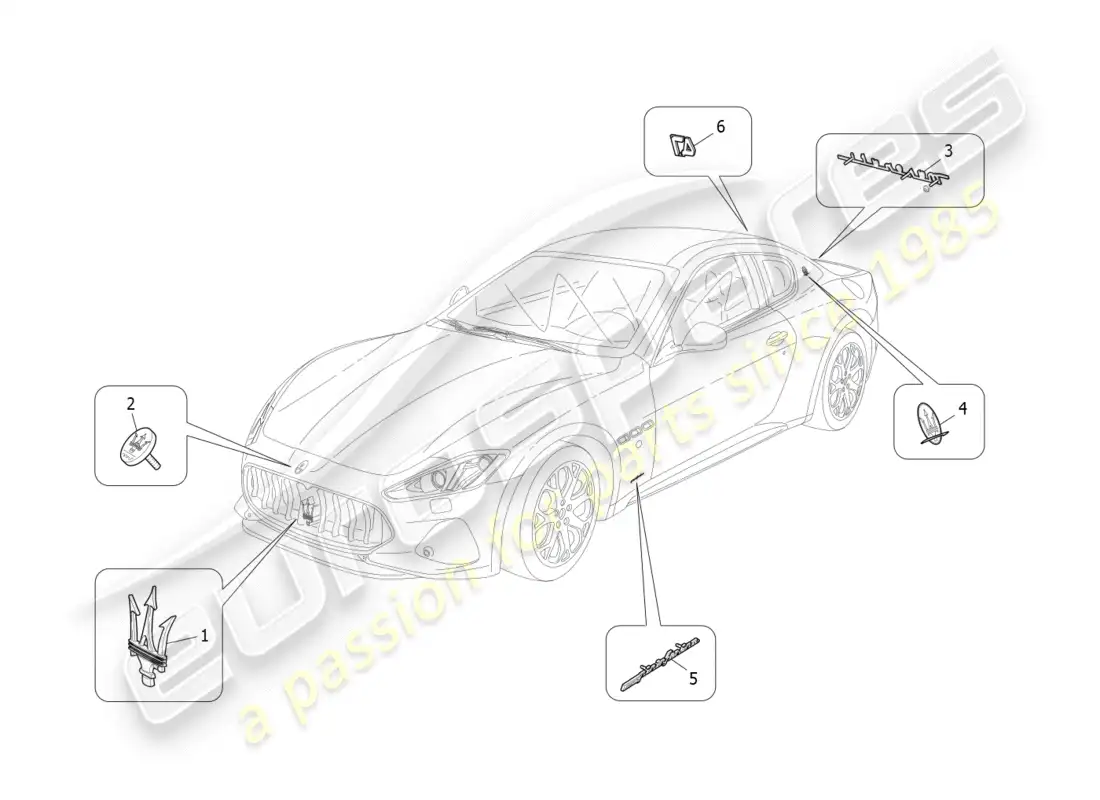 maserati granturismo s (2018) acabados, marcas y símbolos diagrama de piezas