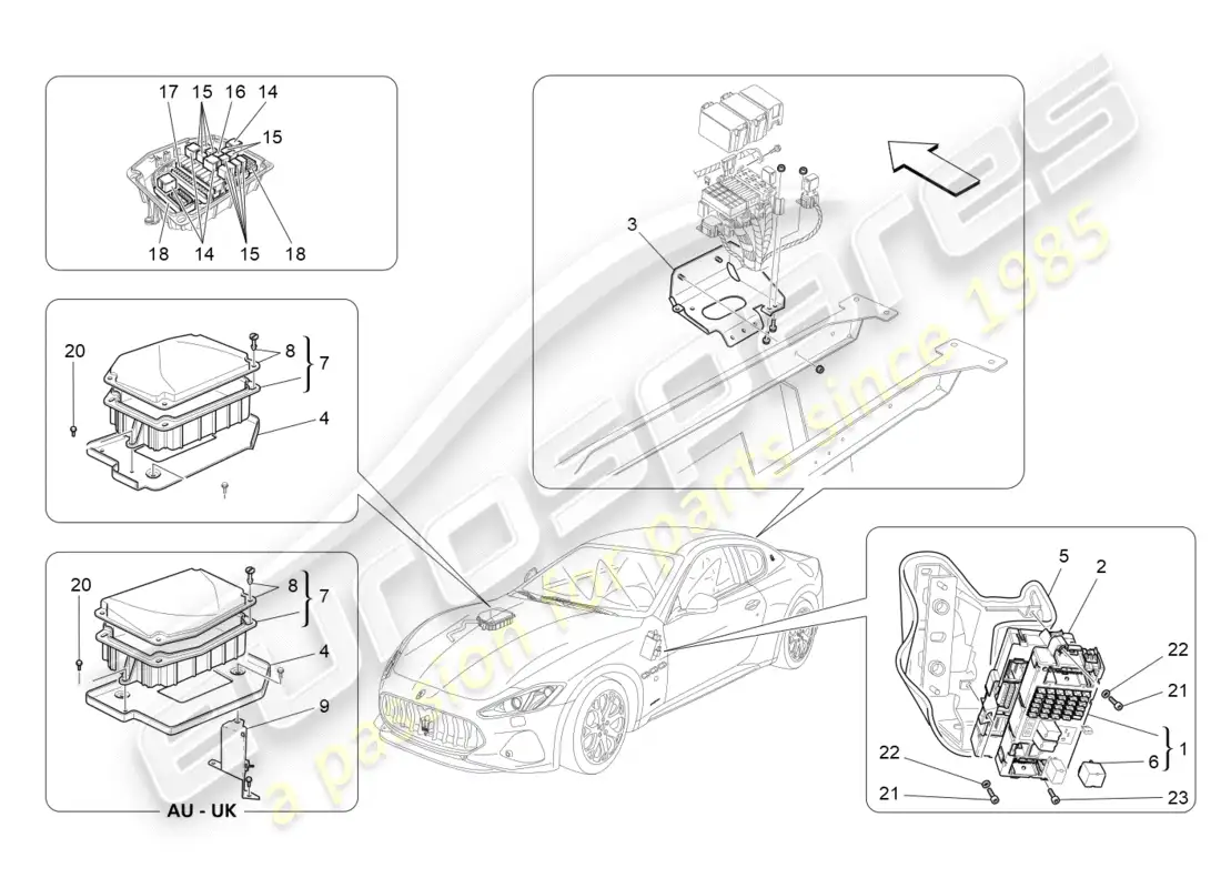 maserati granturismo s (2018) relés, fusibles y cajas diagrama de piezas
