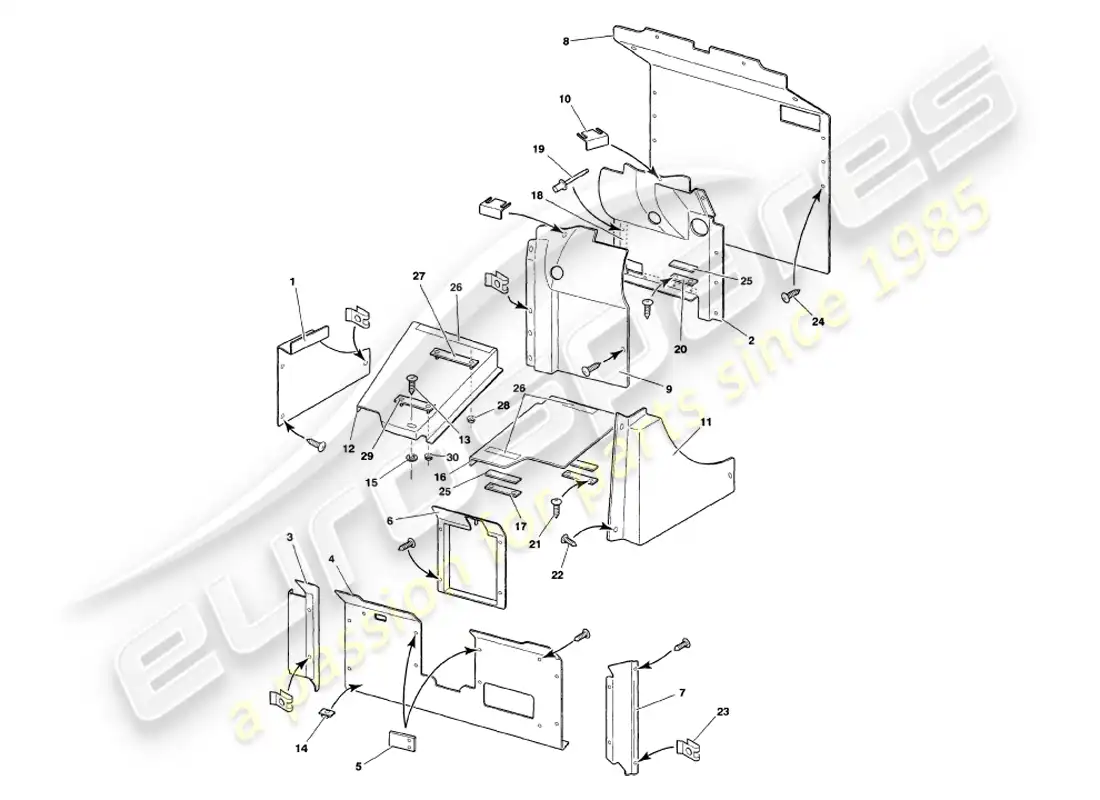 aston martin v8 volante (1998) adorno de bota diagrama de piezas