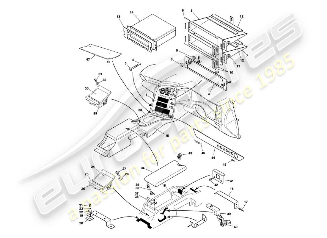 aston martin v8 volante (1998) diagrama de piezas de moldura y consola central