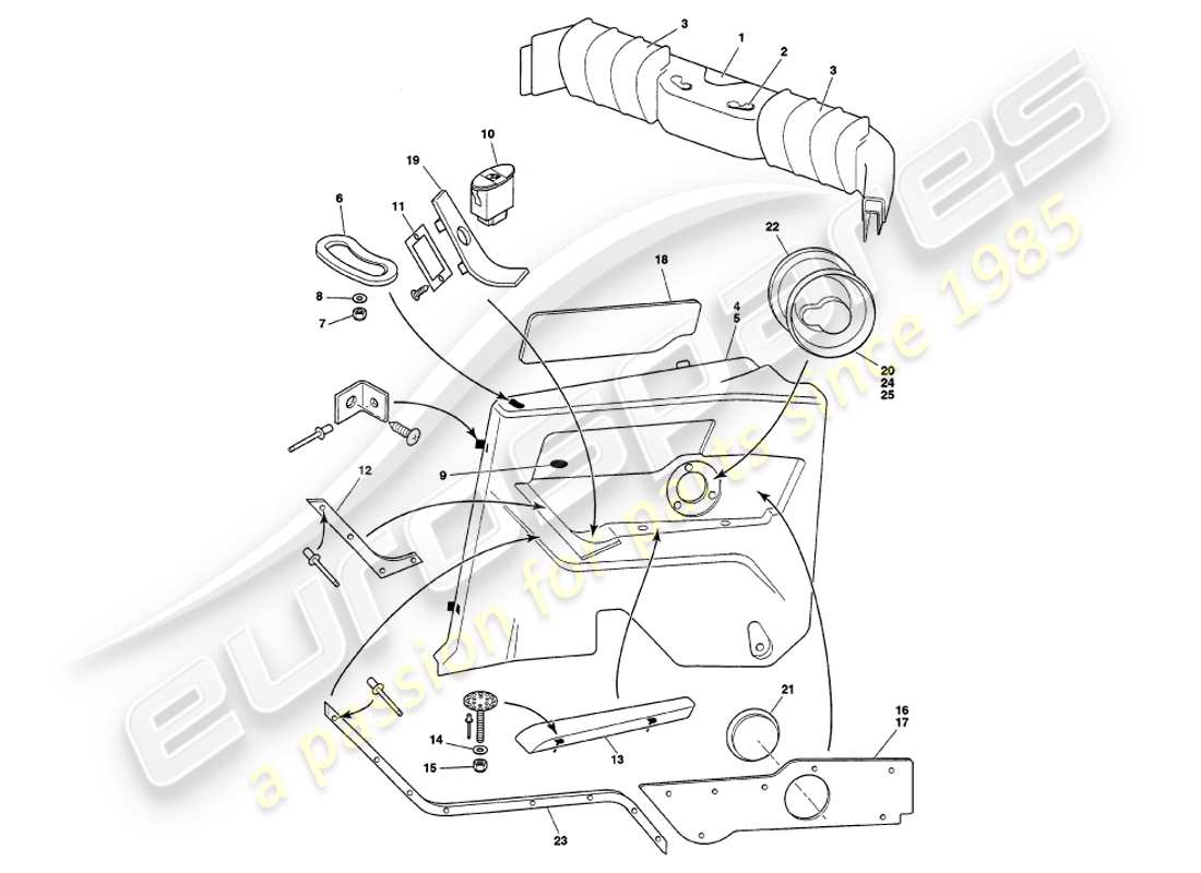 aston martin v8 volante (1998) diagrama de piezas de moldura trasera