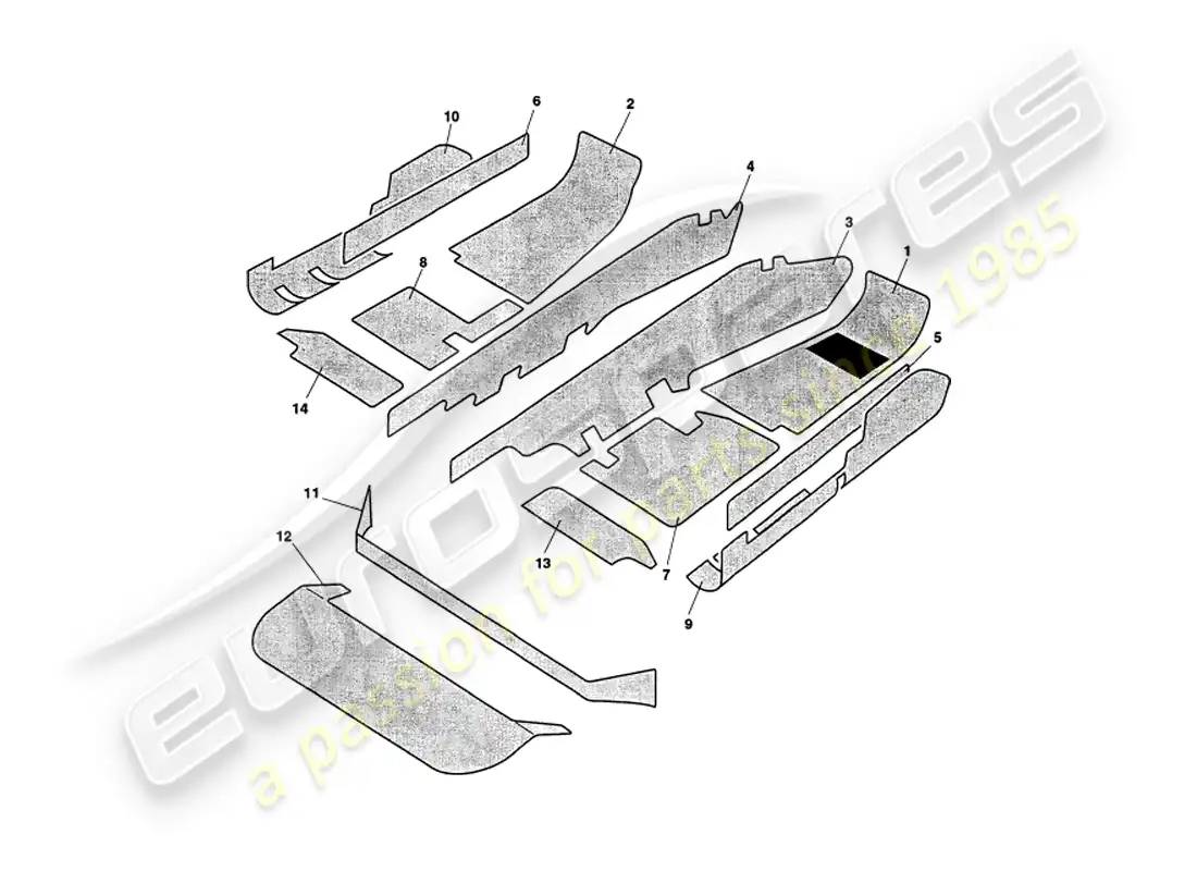 aston martin v8 volante (1998) alfombras diagrama de piezas