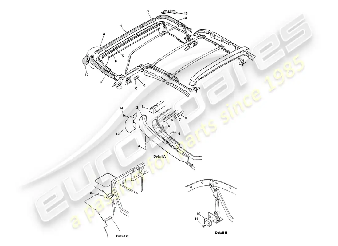 aston martin v8 volante (1998) maderas del marco del capó diagrama de piezas