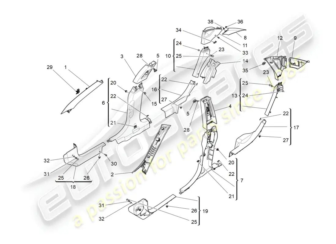 maserati qtp 3.0 tds v6 275hp (2015) diagrama de piezas de paneles laterales y embellecedores del pilar b del compartimento de pasajeros