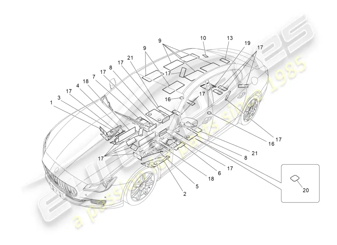 maserati qtp 3.0 tds v6 275hp (2015) paneles de insonorización en el interior del vehículo. diagrama de piezas.