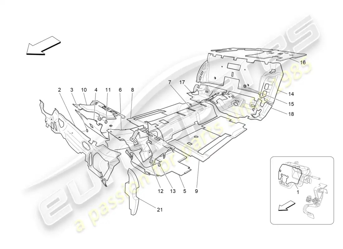 maserati qtp 3.0 tds v6 275hp (2015) paneles de insonorización en el interior del vehículo. diagrama de piezas.