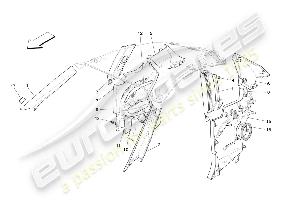 maserati granturismo (2015) paneles de adorno del pilar del habitáculo b y paneles laterales diagrama de piezas