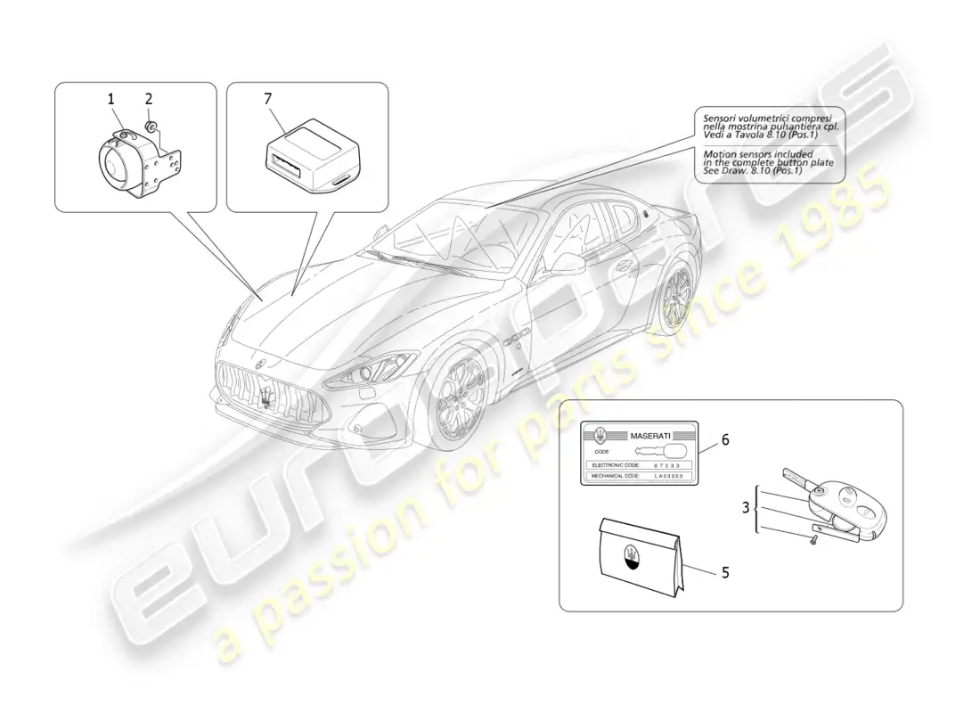 maserati granturismo s (2018) sistema de alarma e inmovilizador diagrama de piezas
