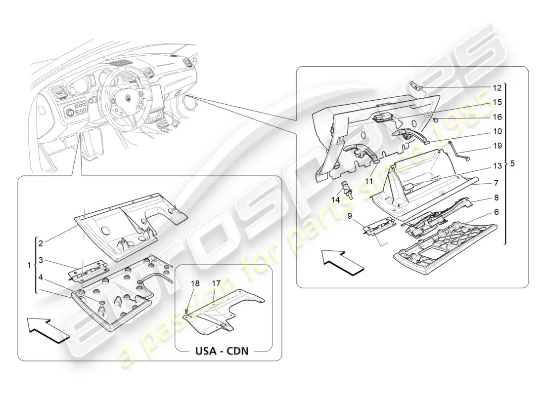 maserati granturismo s (2019) diagrama de piezas de las guanteras